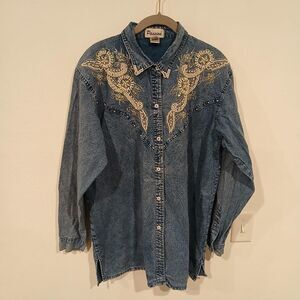 VTG Passion Blue Denim Button Up Shirt Beading Western Cowgirl